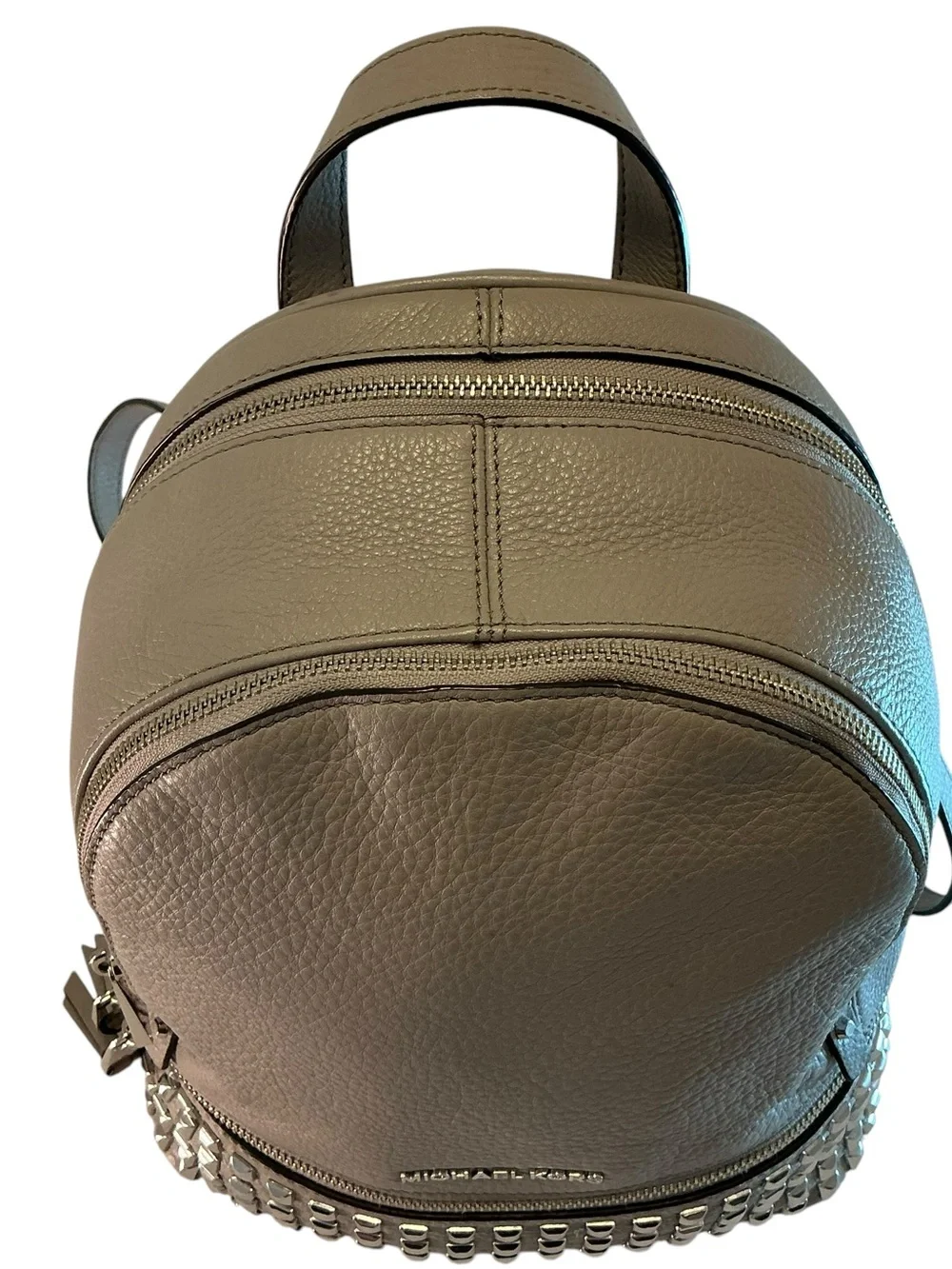 MICHAEL KORS Rhea Zip Studded Backpack Pebbled Leather Bag Pearl Gray- 12